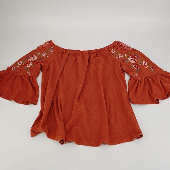 Umgee Tops - Umgee Off The Shoulder Blouse Top Womens Large Orange Embroidered Flower Boho